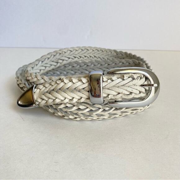 Vintage White Woven Leather Belt Braided Silver Tone Buckle Medium Large 90s Y2K main image 7